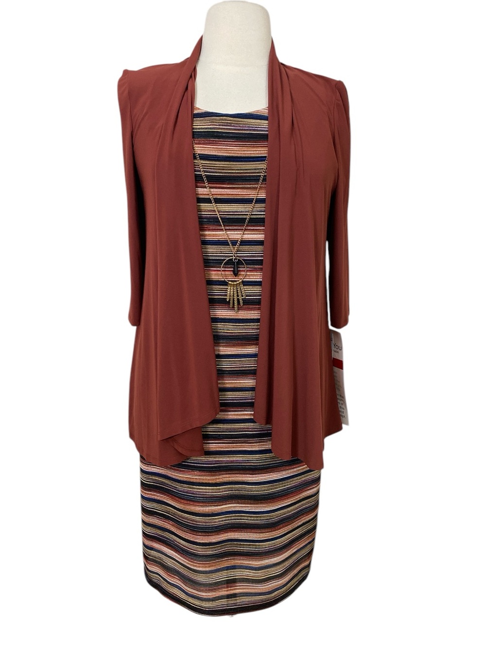 R&M Richards Rust Layered Midi Dress with Cardigan & necklace